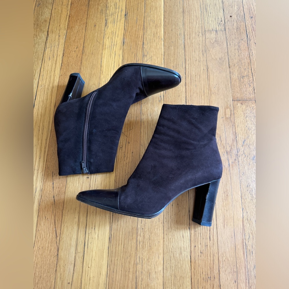 Vintage Ralph Lauren Suede Heeled Ankle Boots w Leather Cap Toe Sz 9 1/2 - Picture 10 of 13